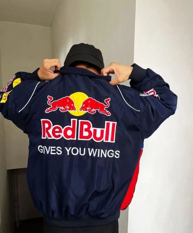 Back design of Oracle Red Bull replica jacket with heritage script details