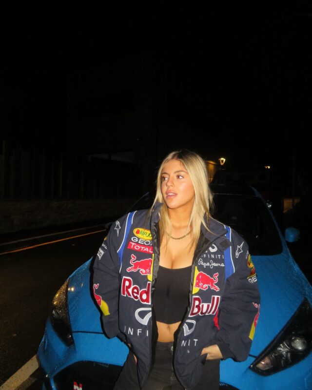 Back design of vintage red bull team jacket women with heritage details