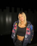 Front view of red bull racing jacket for women in stylish design