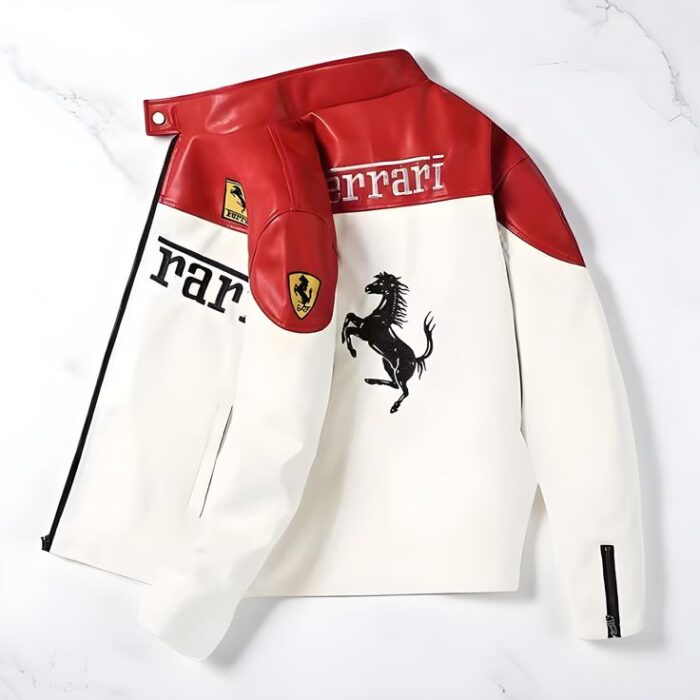 ferrari white racing leather jacket prancing horse logo