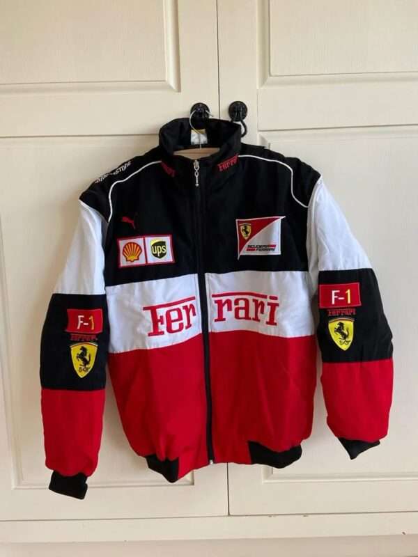 Trycity Ferrari F1 Jacket front view in black Ferrari racing jacket vintage style