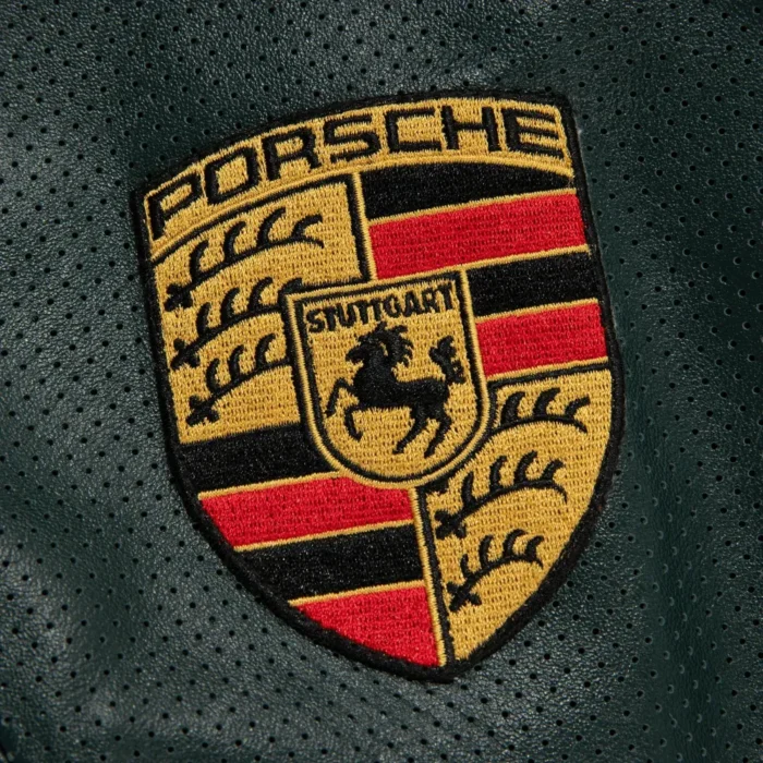 Racing leather jacket with embroidery details.