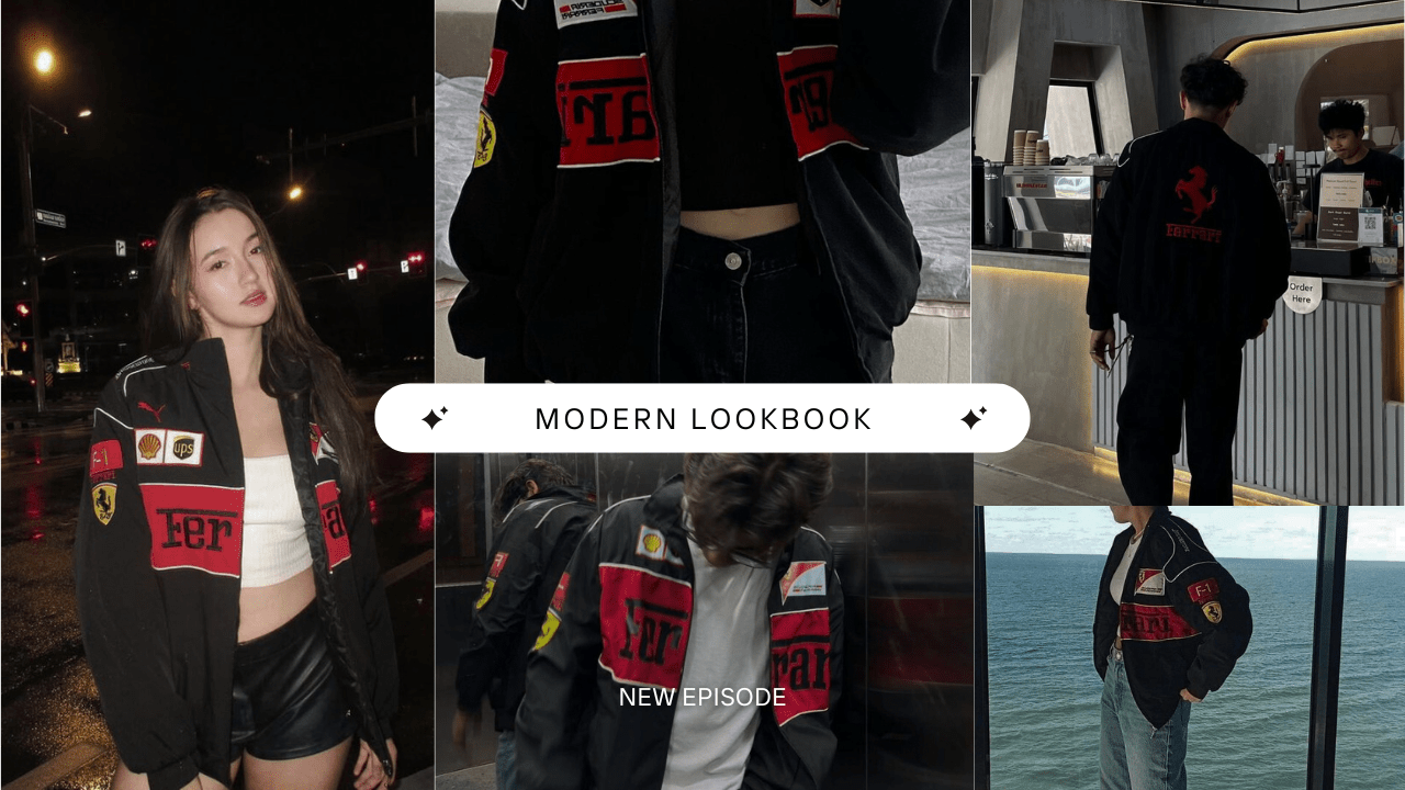 Trycity F1 racing jacket with red panels and Ferrari embroidery patches on streetwear models