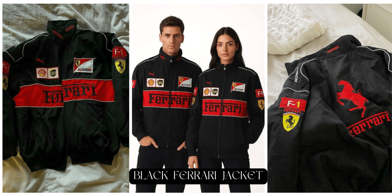 Trycity brand banner featuring three models in premium black Ferrari racing jackets with urban aestheti