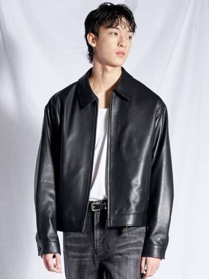 Casual black leather jacket for party wear and outdoor events