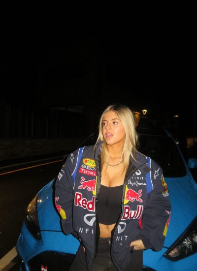 Back design of vintage red bull team jacket women with heritage details