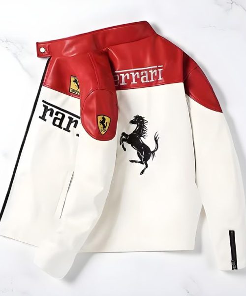 ferrari white racing leather jacket prancing horse logo