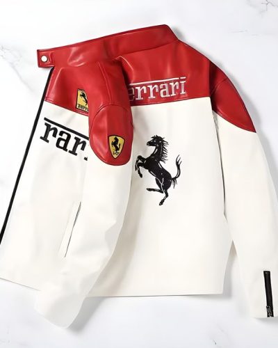 ferrari white racing leather jacket prancing horse logo