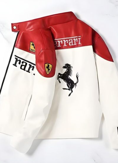 ferrari white racing leather jacket prancing horse logo