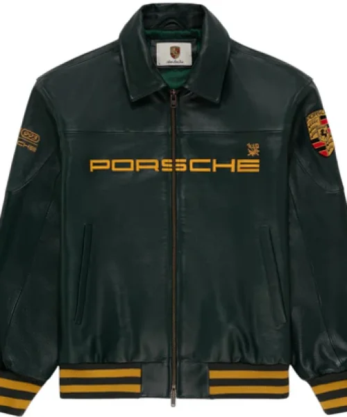 Trycity Porsche leather jacket green view.